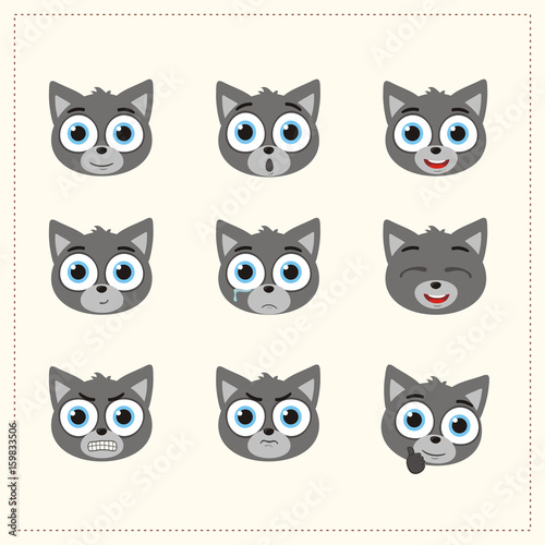 Set funny face wolf different emotion. Collection emoticons of cartoon wolf isolated.