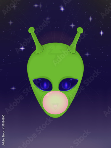 vector illustration of a green alien head with horns on the background of the starry sky. inflates bubble gum. poster, banner, ticket, print, t-shirt design