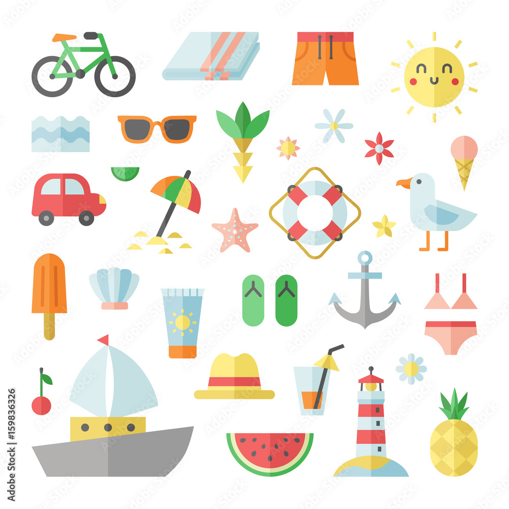 Summer and beach flat vector square big set.