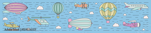 Air transportation outline horizontal illustration. Part two.