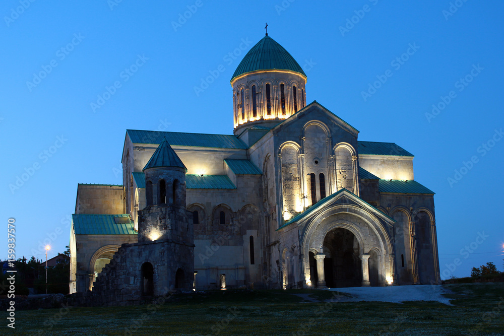 Renovated Bagrati Cathedral of the Dormition at night in Kutaisi, Georgia