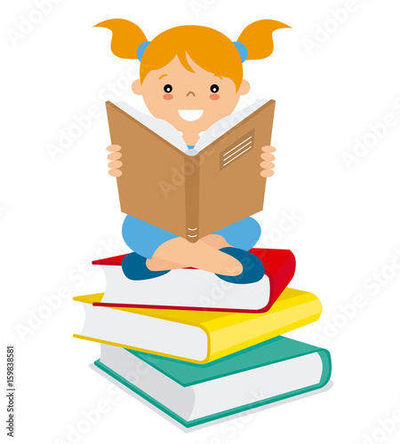 Girl reading over a batch of books