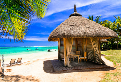 Fototapeta Naklejka Na Ścianę i Meble -  Relaxing tropical holidays. scenery with beach bungalow under palm tree