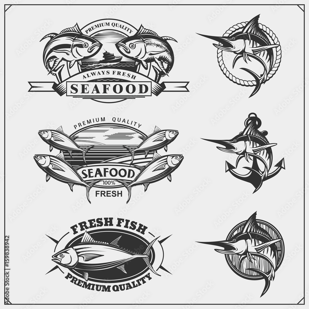 Fototapeta premium Fishing labels, badges, emblems and design elements. Illustrations of Tuna and Marlin.