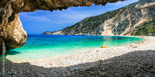 Famous Myrtos beach in Cefalonia island, view from the cave. Greece