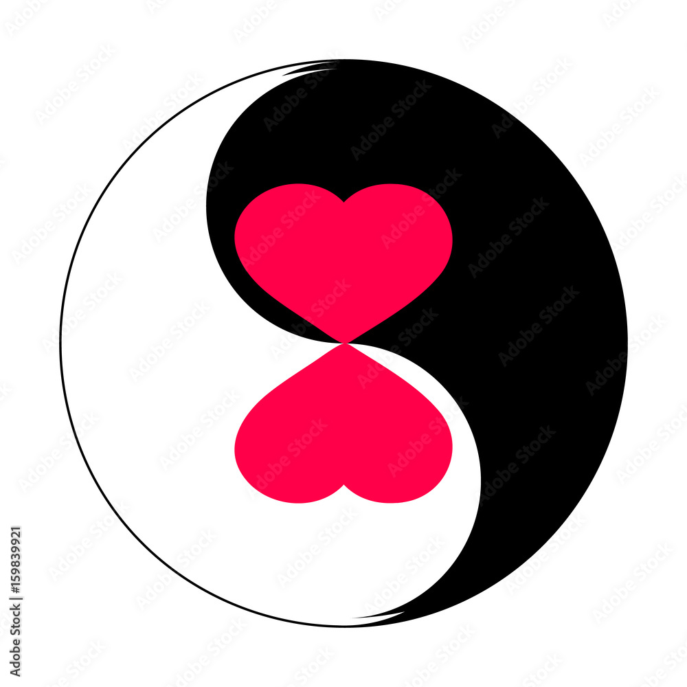 Two red hearts in yin yang symbol. Vector illustration. For congratulations on Valentine's day. And also for printing on postcards, fabrics, towels, pillows, paper and other types of printing. Two red hearts in yin yang symbol. Vector illustration. For congratulations on Valentine's day. And also for printing on postcards, fabrics, towels, pillows, paper and other types of printing.