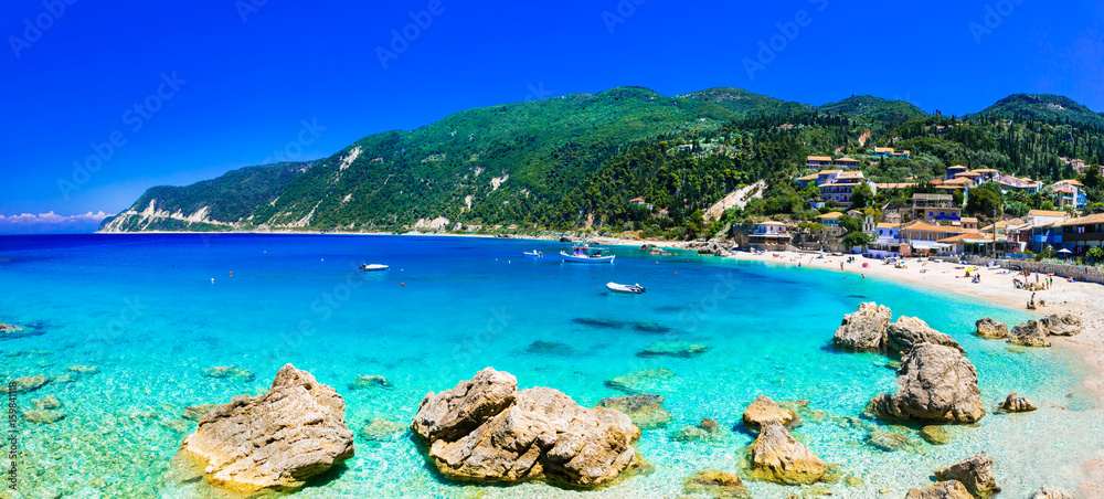 Greek summer destinations. Turquoise beautiful beaches  of Lefkada island, Agios Nikitas village .Greece