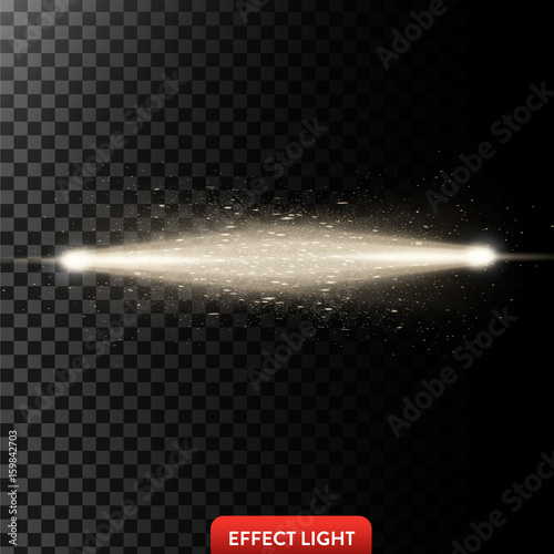 Vector illustration of a two golden light rays with glitter, a light beams with sparks, a glow effect, an explosion, a flash on a black background. Design element