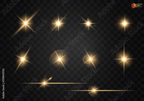 Set. Shining star, the sun particles and sparks with a highlight effect, golden bokeh lights glitter and sequins. On a dark background transparent. Vector, EPS10