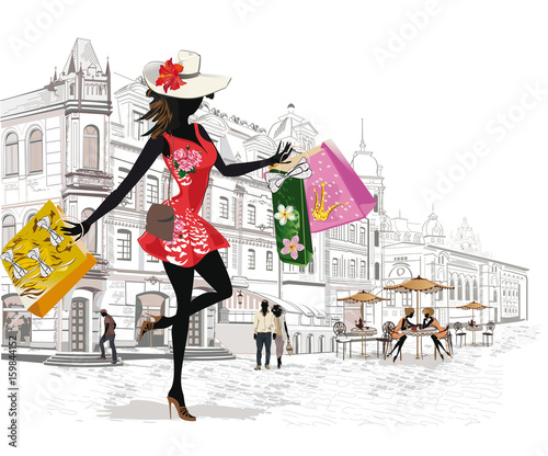 Fashion girl shopping in the old city. Series of architectural backgrounds.