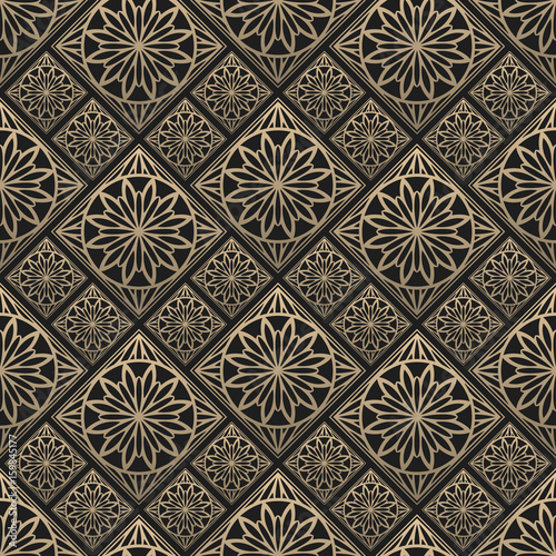 Seamless pattern oriental ornament. Black and golden textile print. Islamic vector design. Floral tiles.
