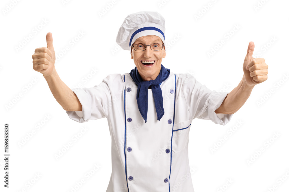 Overjoyed chef giving holding his thumbs up Overjoyed chef giving holding his thumbs up