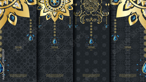 Islamic pattern element concept template with emerald vintage dark background and logo vector design