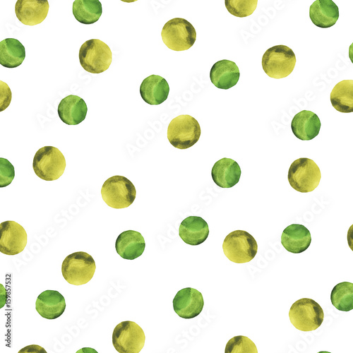 Seamless pattern with green and olive dots on white background. Hand drawn watercolor illustration.