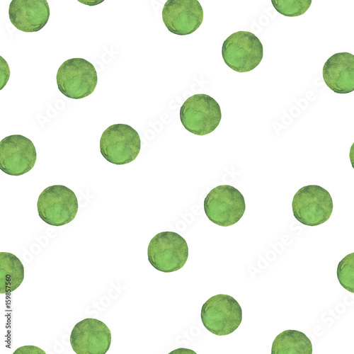 Seamless pattern with green dots on white background. Hand drawn watercolor illustration