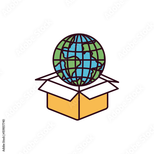 silhouette color sections globe earth world coming out of cardboard box vector illustration