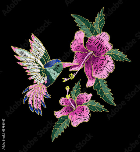 Embroidery hummingbird and hibiscus flowers. Vector illustration with colibri bird and flowers.