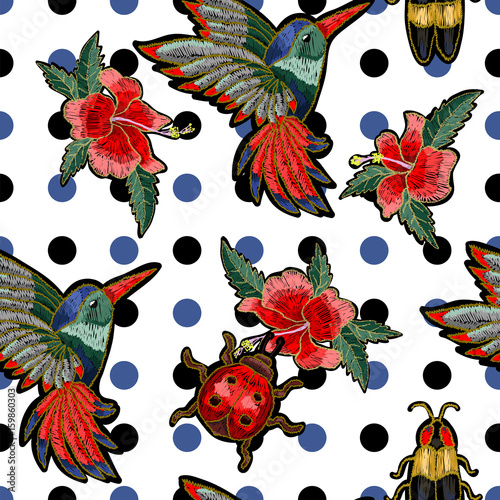 Embroidery hummingbird and hibiscus flowers. Vector illustration with colibri bird and flowers.