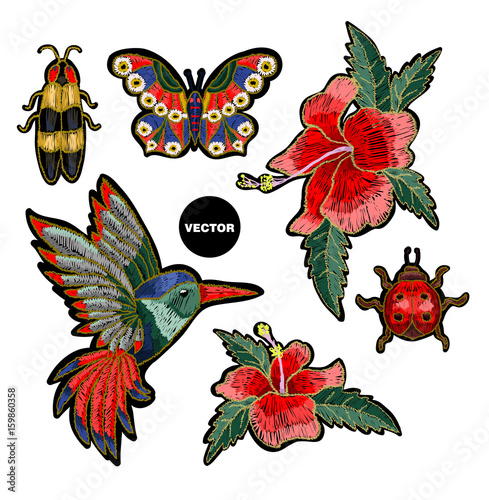 Embroidery hummingbird and hibiscus flowers. Vector illustration with colibri bird and flowers.