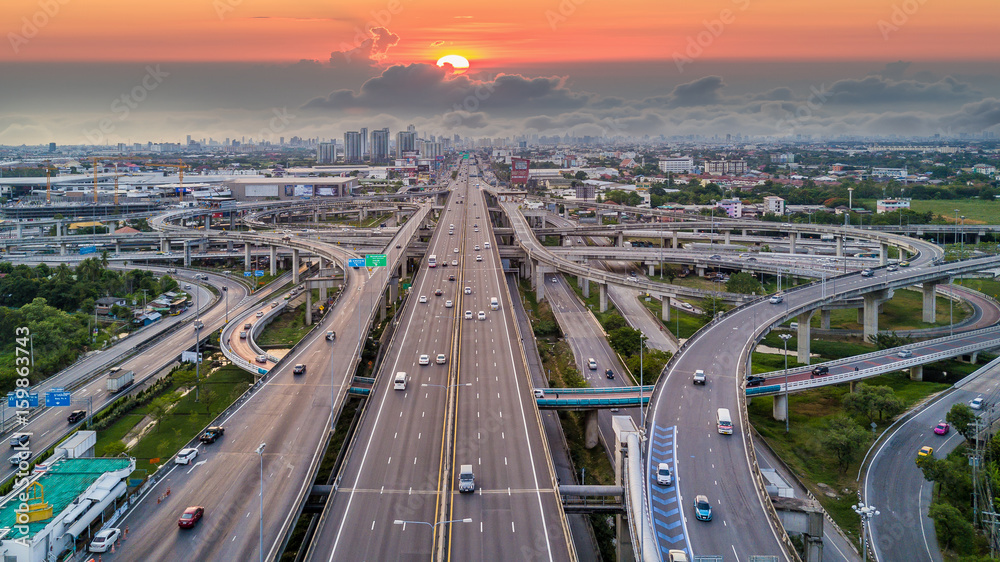 Bangkok Expressway top view, Top view over the highway,expressway and  motorway at night, Aerial view interchange of a city, Shot from drone,  Expressway is an important infrastructure in Thailand Stock Photo |