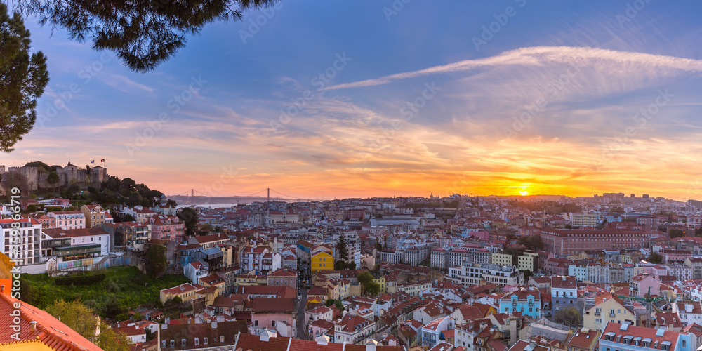 Panorama with Castle of Sao Jorge, the historical centre of Lisbon, Tagus River and 25 de Abril Bridge at scenic sunset, Lisbon, Portugal
