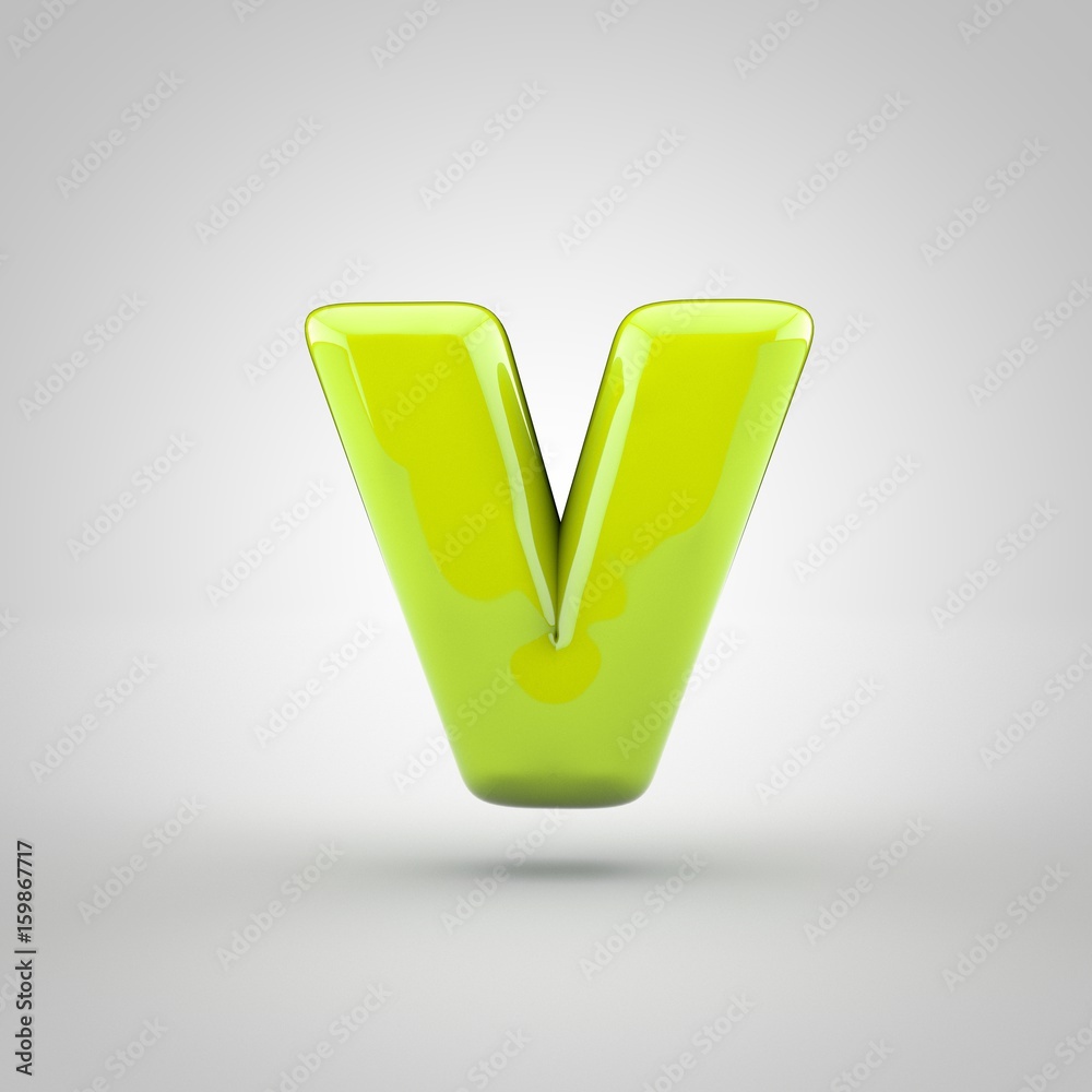 Glossy lime paint letter V lowercase isolated on white background Glossy lime paint letter V lowercase isolated on white background
