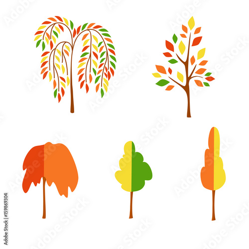 Vector flat autumn trees on white background. Logo design illustration