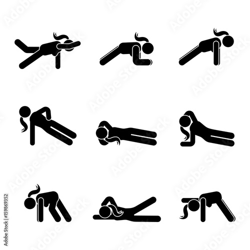 Exercises body workout stretching woman stick figure. Healthy life style vector illustration pictogram.