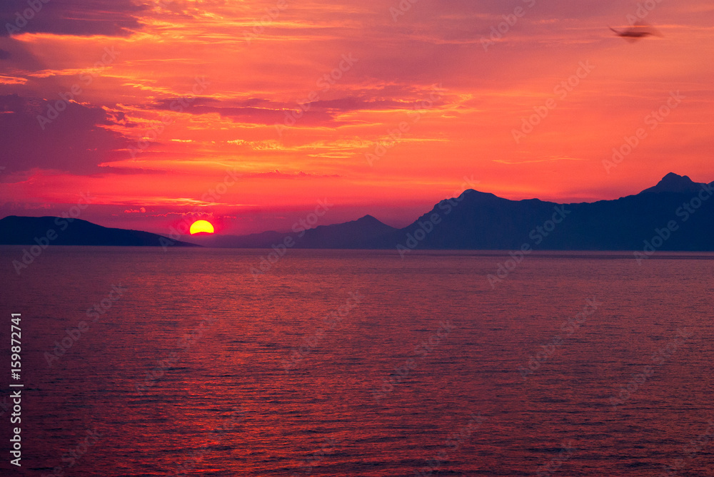 Horizontal image of deep coloured sunset with sea in red colour, black mountains on the horizon, and flying bird in a corner
