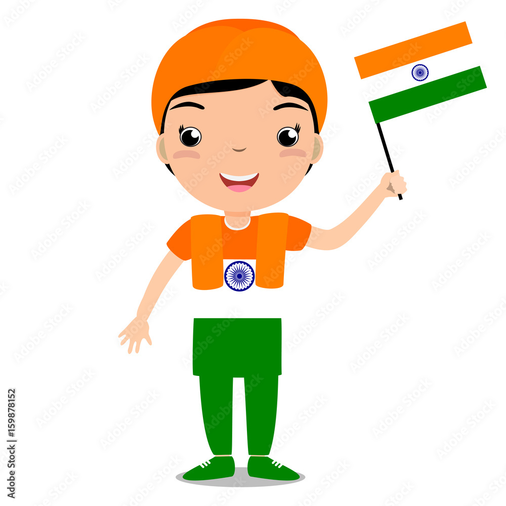 Smiling child, boy, holding a India flag isolated on white background.  Vector cartoon mascot. Holiday illustration to the Day of the country,  Independence Day, Flag Day. Stock Vector | Adobe Stock