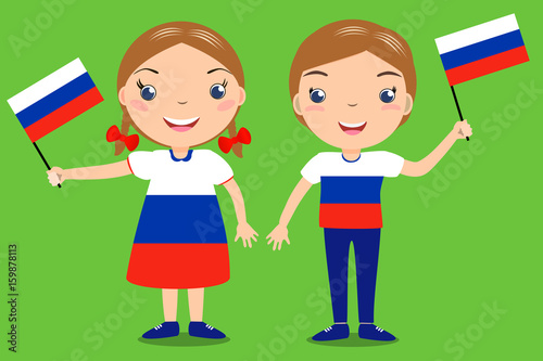 Smiling children, boy and girl, holding a russian flag isolated on green background. Vector cartoon mascot. Holiday illustration to the Day of the country, Independence Day, Flag Day.