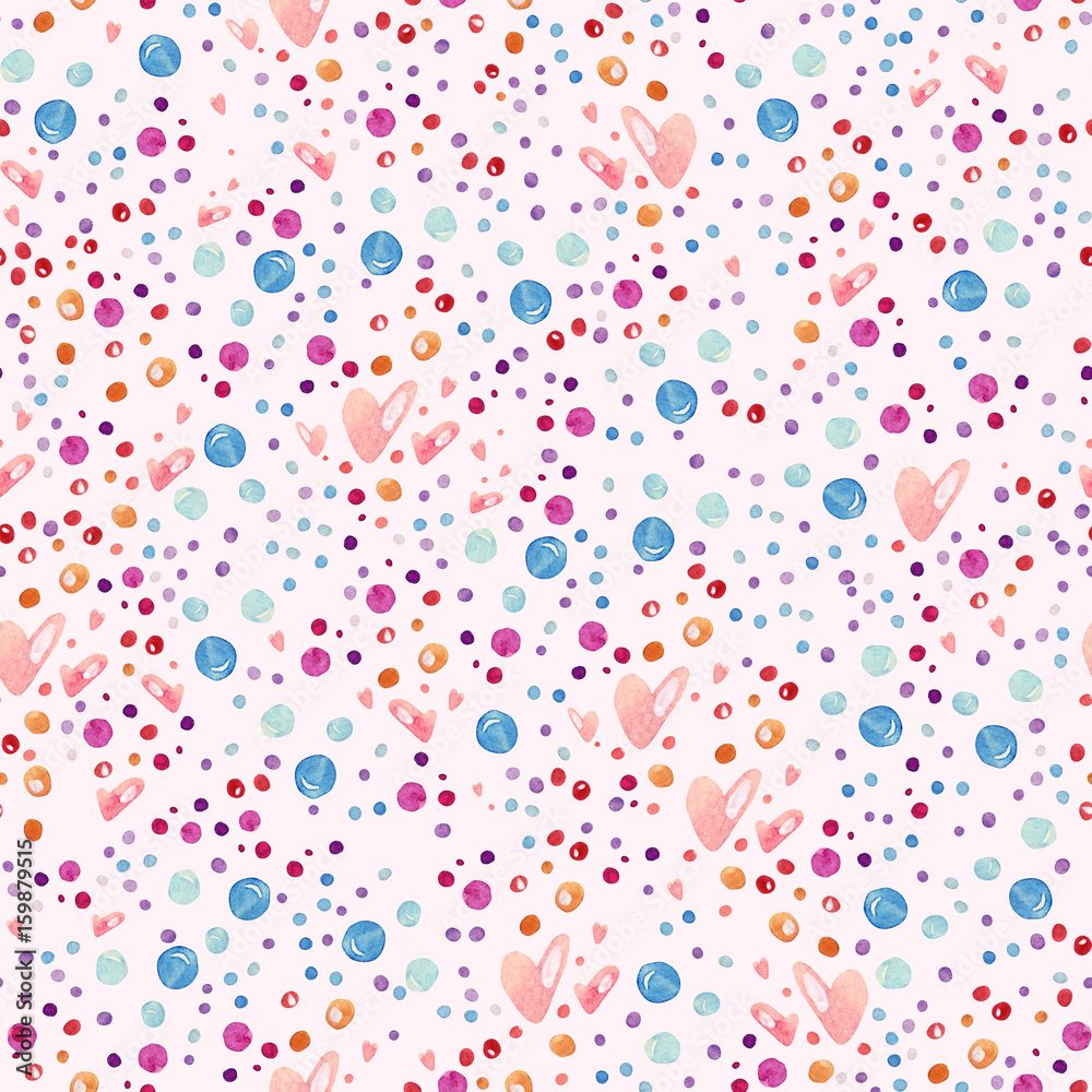 Watercolor seamless pattern with bubbles and hearts