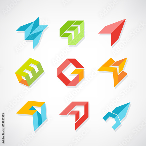 Set of minimal geometric multicolor symbol set shapes. Trendy icons and logotypes. Business signs symbols, labels, badges, frames and borders