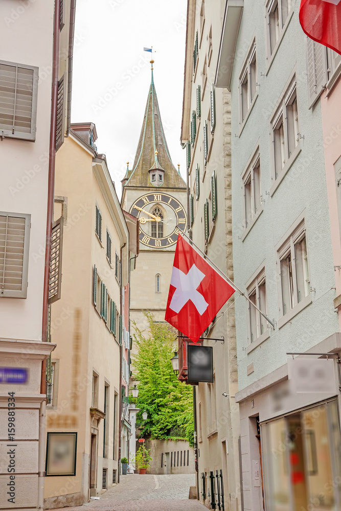 St. Peter church, Zurich with swiss flag