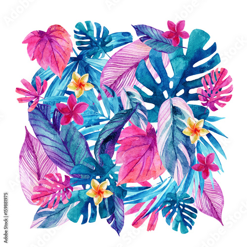 Watercolor exotic leaves and flowers background.