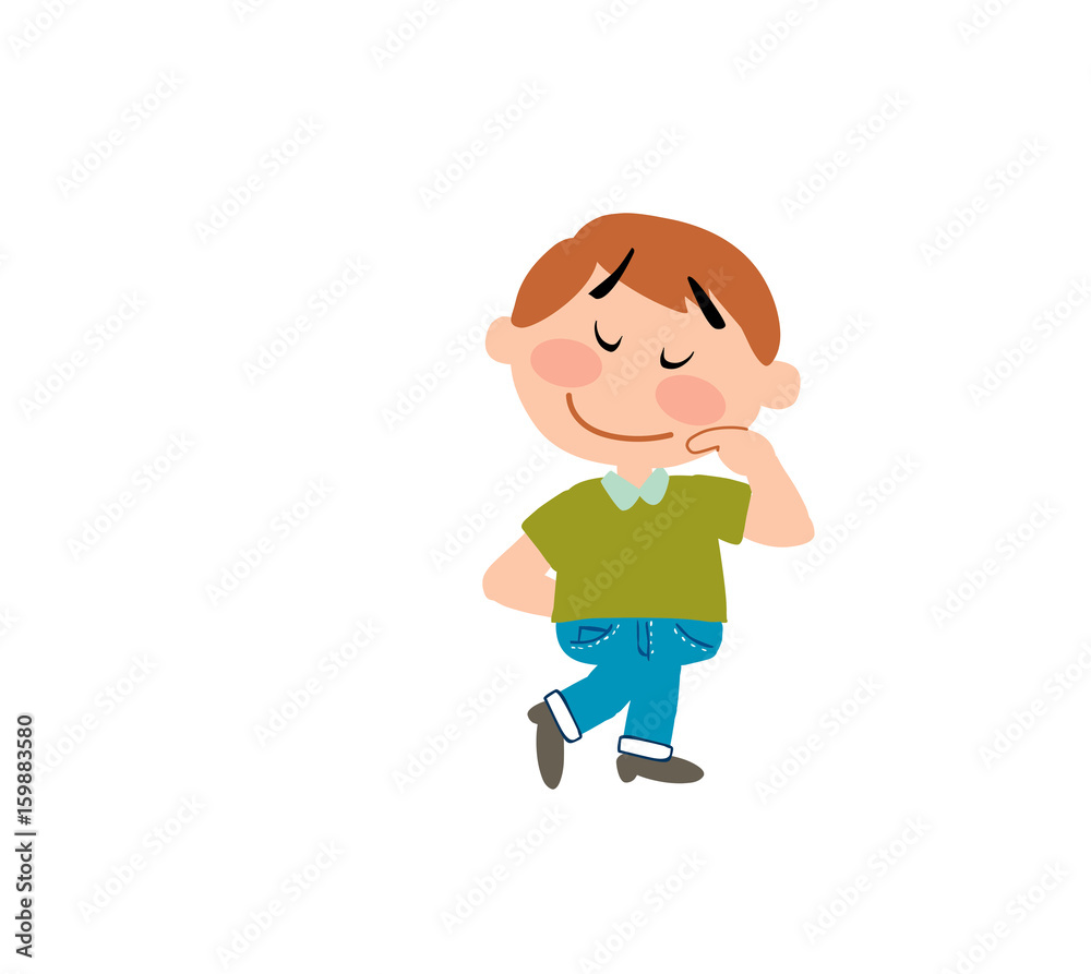 Cartoon character boy shy; isolated vector illustration.