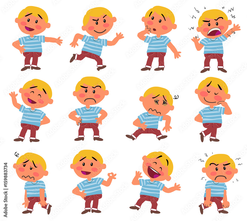 Cartoon character boy set with different postures, attitudes and poses, doing different activities in isolated vector illustrations.