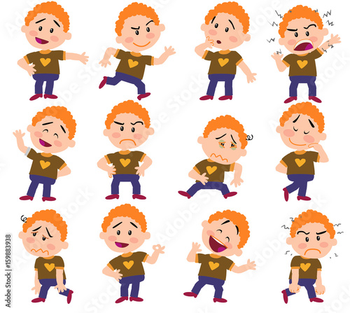 Set of cartoon character boy in different postures, attitudes and poses, doing different activities in isolated vector illustrations.
