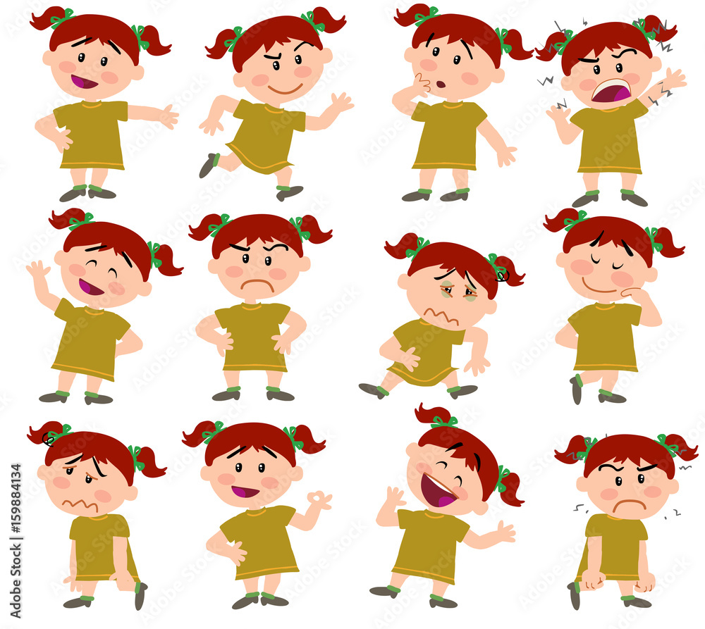 Cartoon character girl set with different postures, attitudes and poses, doing different activities in isolated vector illustrations. Cartoon character girl set with different postures, attitudes and poses, doing different activities in isolated vector illustrations.