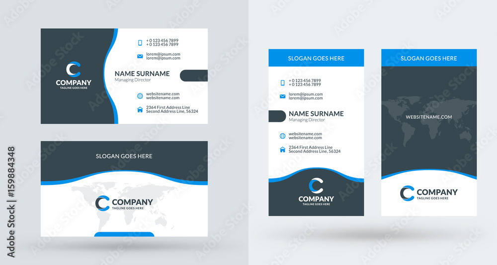 Double-sided creative business card template. Portrait and landscape orientation. Horizontal and vertical layout. Vector illustration