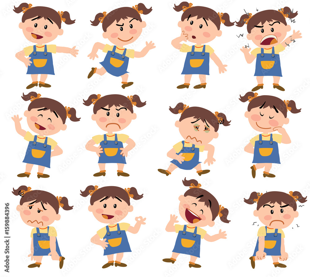 Cartoon character girl set with different postures, attitudes and poses, doing different activities in isolated vector illustrations.