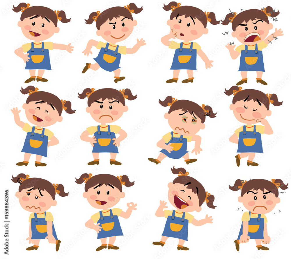 Cartoon character girl set with different postures, attitudes and poses, doing different activities in isolated vector illustrations. Cartoon character girl set with different postures, attitudes and poses, doing different activities in isolated vector illustrations.