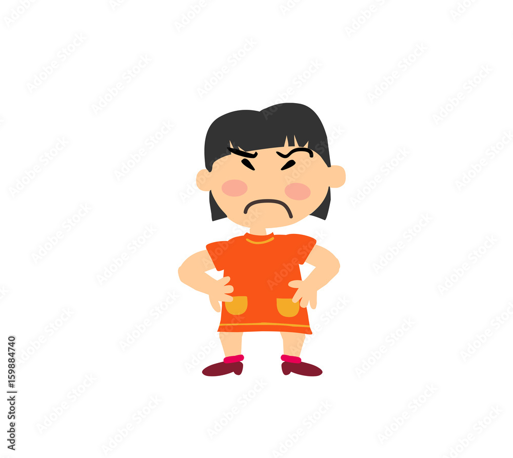 Cartoon character girl serious; isolated vector illustration.