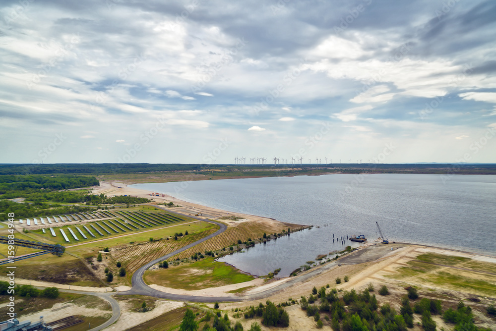 energy park: lignite, solar power plant and wind turbines
