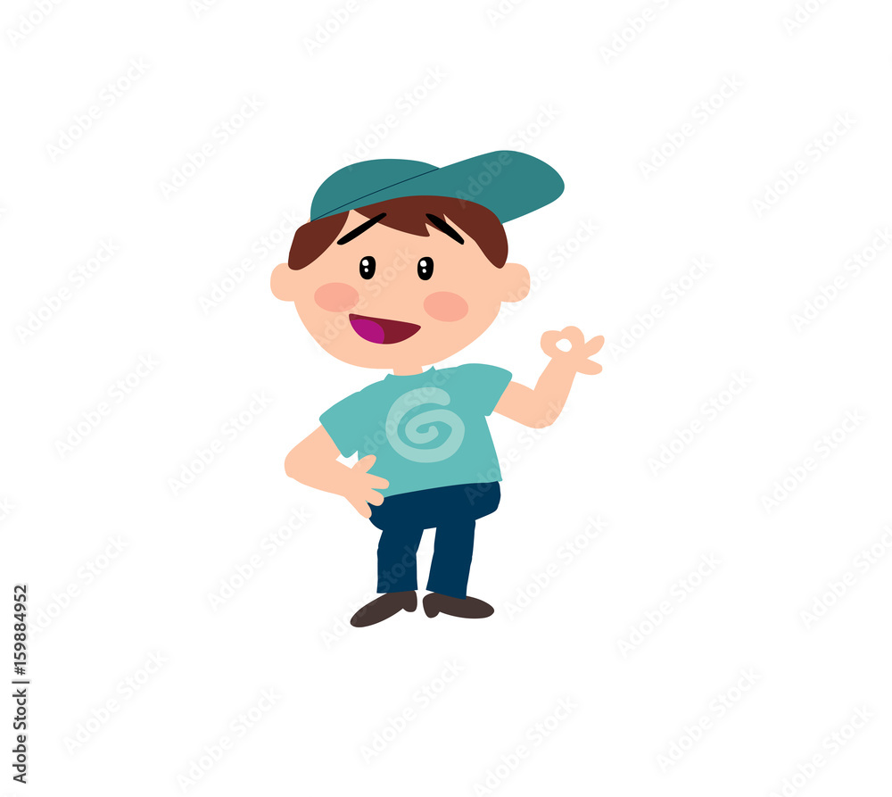 Cartoon character boy in approval attitude; isolated vector illustration.