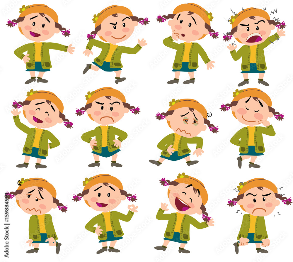 Cartoon character girl set with different postures, attitudes and poses, doing different activities in isolated vector illustrations.