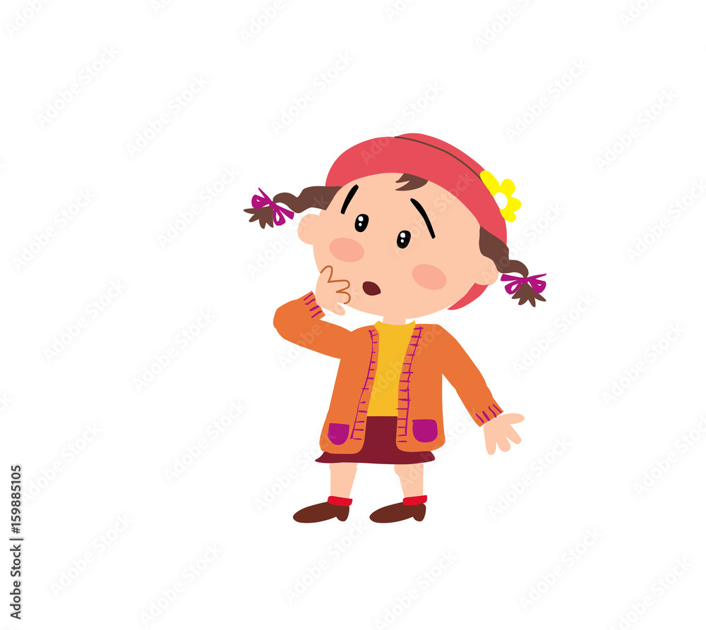 Cartoon character girl in surprise; isolated vector illustration.