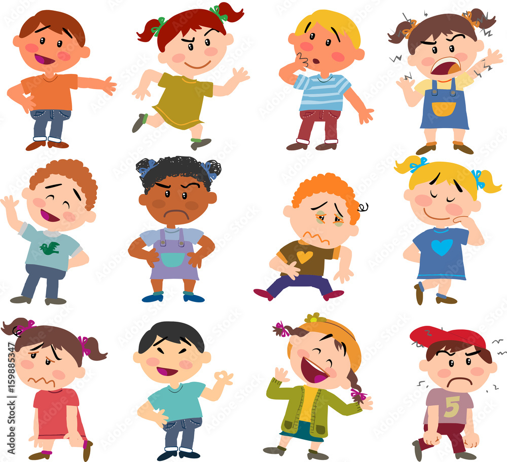 Set of cartoon characters to boys and girls with different postures, attitudes and poses, doing different activities in isolated vector illustrations: showing, angry, serious… Set of cartoon characters to boys and girls with different postures, attitudes and poses, doing different activities in isolated vector illustrations: showing, angry, serious…