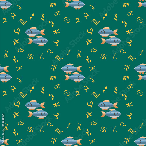 Zodiac fish seamless pattern horoscope astrology ascendant figure nativity vector astrological calendar background illustration