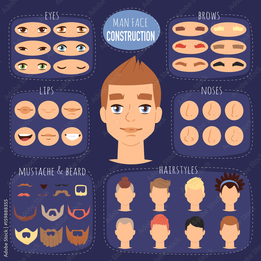 Fototapeta premium Man face emotions constructor parts eyes, nose, lips, beard, mustache avatar creator vector cartoon character creation spare parts spares animation.